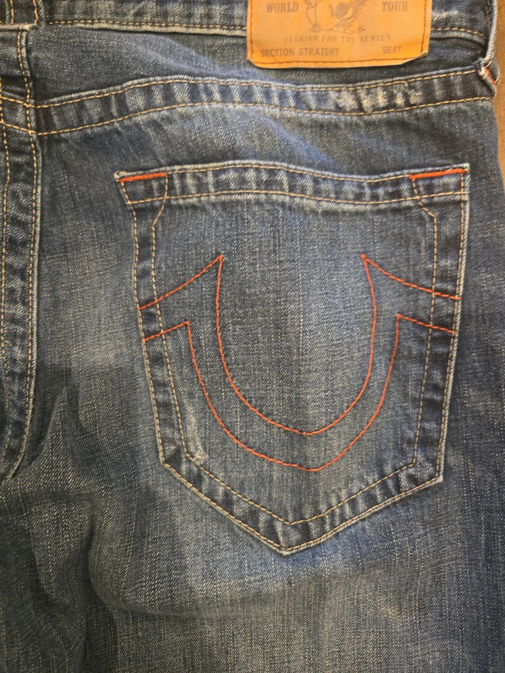 True Religion Ricky Straight Jeans Men 36 Blue Red Stitch 100% Cotton Rigid
